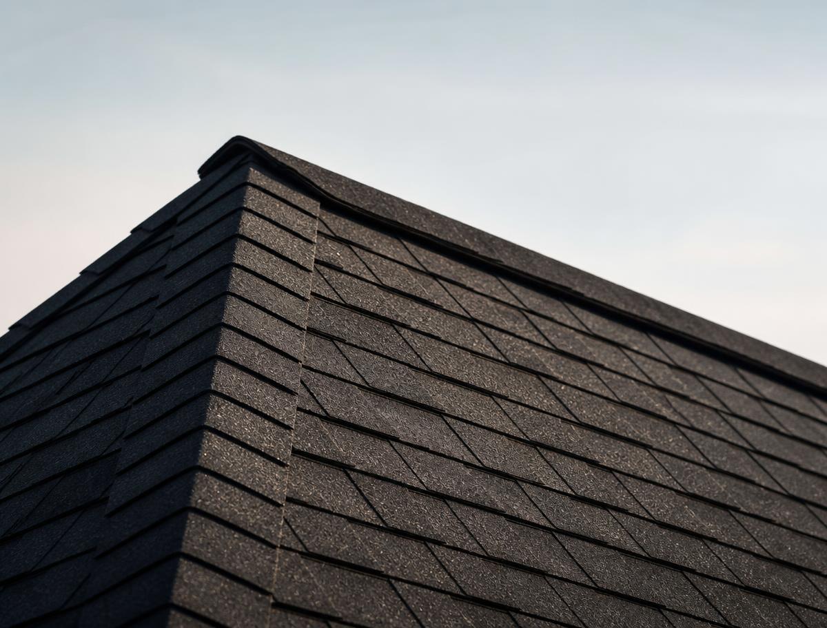 Close-up of a newly installed architectural shingle roof ridge